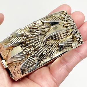 Patina Gold Tone Silver Tone Brutalist Cuff Bracelet w Chain 8 1/2 Inches Leaf